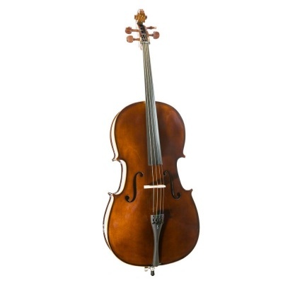 Violoncelo de madeira castanha com 4 cordas e cravelhas de afinação