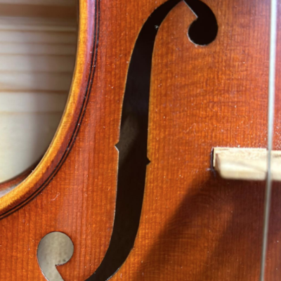 Detalhe de violino em madeira castanha com abertura em f e corda visível
