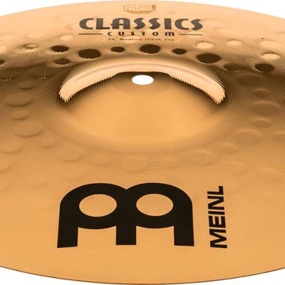 Prato de bateria bronze dourado martelado com textos CLASSICS CUSTOM e MEINL