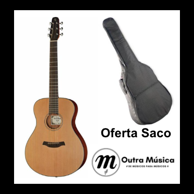 Guitarra acústica de madeira clara com saco preto oferta e logo da loja