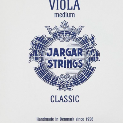Embalagem branca para cordas de viola com texto azul e desenho circular decorativo