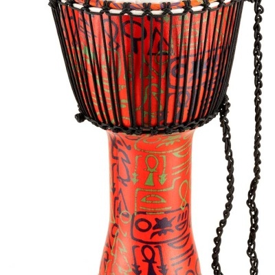 Tambor djembe vermelho com decoração egípcia e pele branca