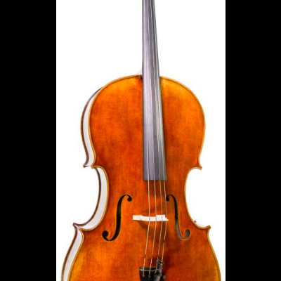 Violoncelo de madeira castanho alaranjado visto frontalmente