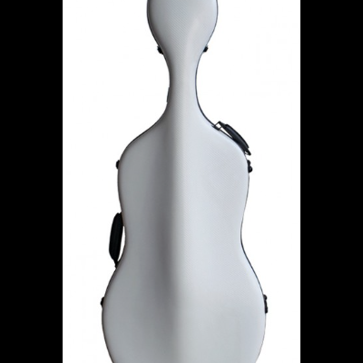 Estojo rígido branco para violoncelo com fechos e alças pretas