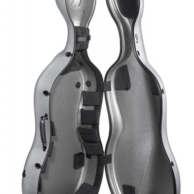 Estojo rígido cinza metálico para violoncelo aberto com interior acolchoado preto