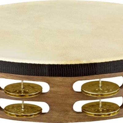 Pandeireta de madeira e pele com címbalos dourados