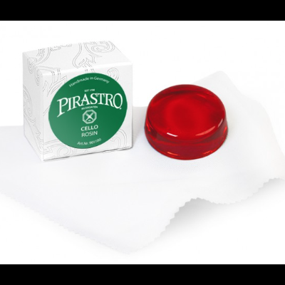 Bloco de resina vermelha para violoncelo com embalagem branca ao lado