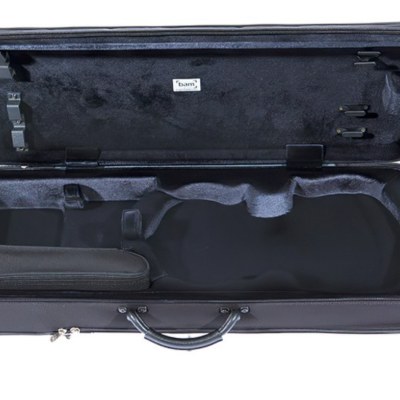 Estojo rígido aberto para violino com interior preto e bolsa acolchoada