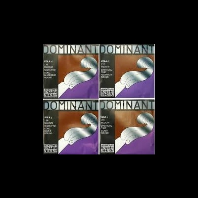 Caixas de cordas para violino DOMINANT em embalagens roxas com texto em preto e prata.