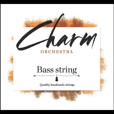 Etiqueta branca de cordas de contrabaixo com texto 'Charm ORCHESTRA Bass string Quality handmade strings'