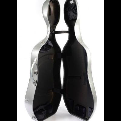 Estojo rígido prateado para guitarra aberto com interior preto