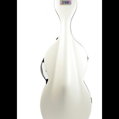 Estojo rígido branco para violoncelo com etiqueta 'Showcase by bam'