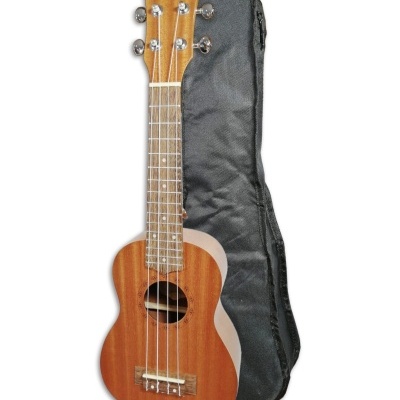 Ukulele de madeira castanha com capa preta