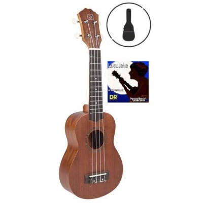 Ukulele de madeira castanha clara com acessórios