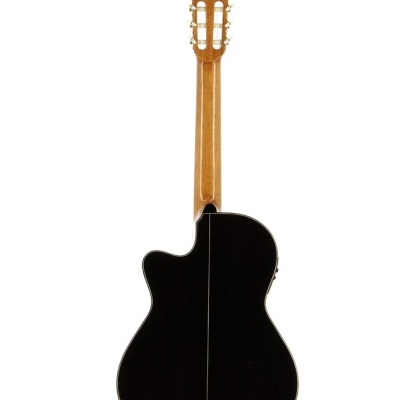 Guitarra clássica preta vista de trás sobre fundo branco