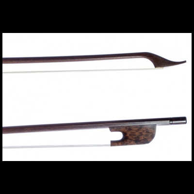 Arco em madeira escura para instrumento de cordas com crina branca