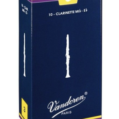 Embalagem azul de palhetas para clarinete Vandoren com texto e logotipo