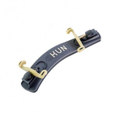 Suporte para violino preto com ganchos amarelos e texto RUN