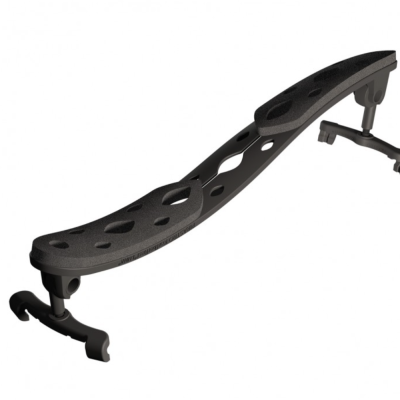 Banco de exercício preto com estrutura metálica e apoios antiderrapantes