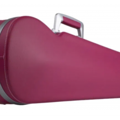 Estojo rígido vinho trapezoidal para instrumento musical com pega branca.