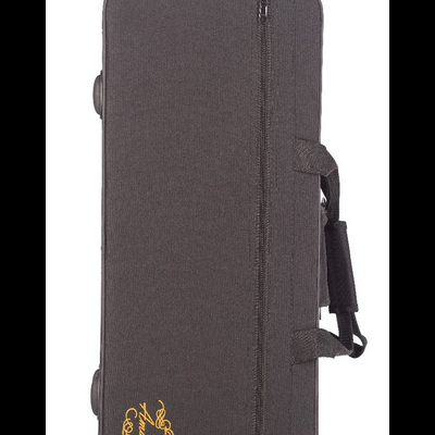 Estojo rígido retangular para violino em tecido cinzento escuro com alça acolchoada e logótipo amarelo