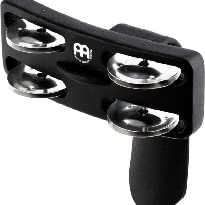 Castanhola de mão preta com quatro pratos metálicos prateados e pega ergonómica