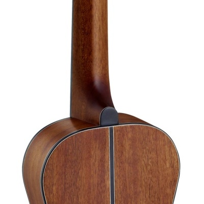 Parte traseira de violão acústico em madeira castanha