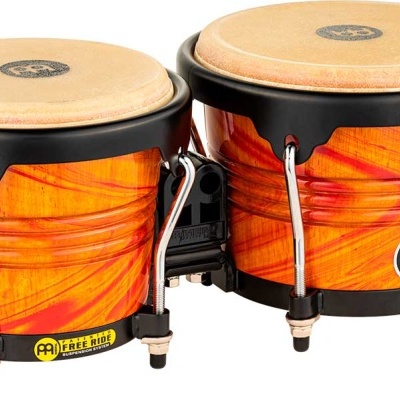 Par de tambores bongo de madeira com acabado em padrão madeira alaranjada e aros metálicos pretos