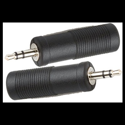 Dois adaptadores de áudio pretos com conectores de 3,5 mm