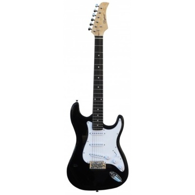Guitarra elétrica preta com escudo branco e cabeça com logo Staneley