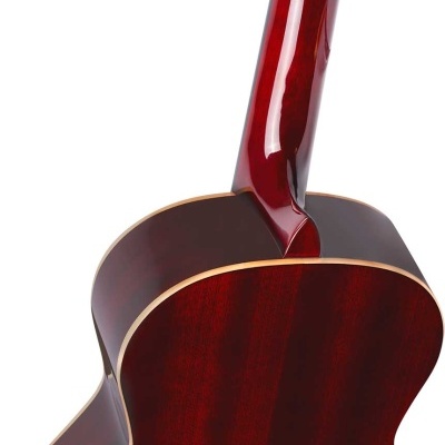 Parte traseira e braço de guitarra acústica castanha avermelhada
