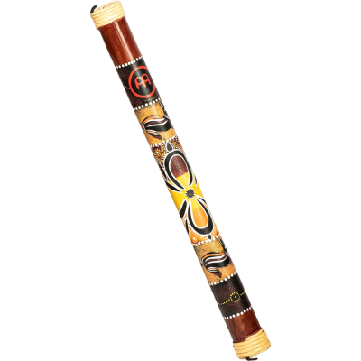 Didgeridoo de madeira decorativo com padrões coloridos e bordas claras