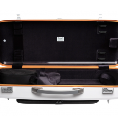 Estojo para violino branco com interior preto e rótulo bam