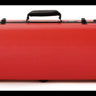 Estojo rígido vermelho com pega preta sobre fundo branco