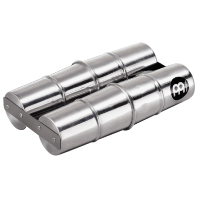 Instrumento musical de percussão metálico prateado com três segmentos e logotipo MEINL