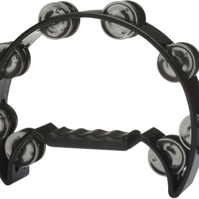 Pandeiro preto com pratos metálicos e pega ondulada