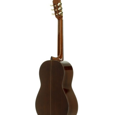 Guitarra clássica castanha escura vista de trás