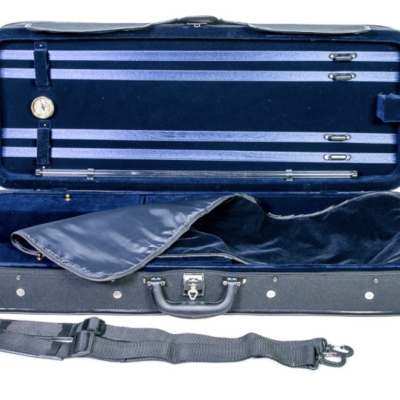 Estojo de instrumento musical azul escuro aberto com interior forrado e alça de transporte