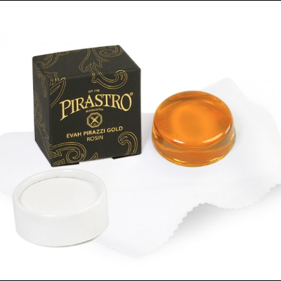 Cola para arco de violino Pirastro Evah Pirazzi Gold Rosin com embalagem preta elegante e resina âmbar