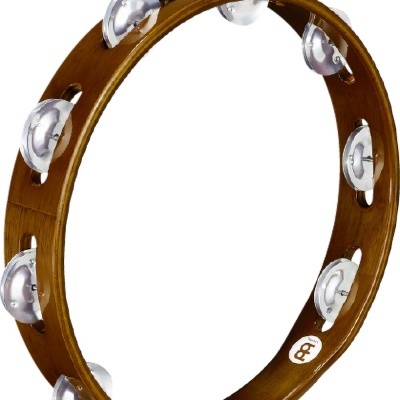 Pandeireta de madeira castanha com címbalos metálicos prateados