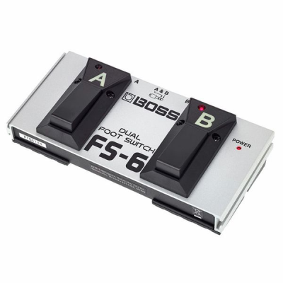 Pedal de pé BOSS Dual Foot Switch FS-6 cinza com dois botões pretos A e B e luzes LED vermelhas