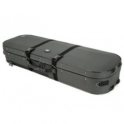 Estojo rígido cinza escuro para instrumento musical com fechos e alças pretas