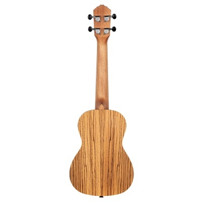 Ukulele de madeira clara com padrão de veios escuros e tarraxas pretas