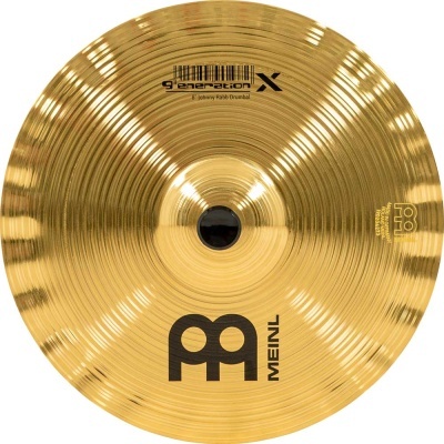 Prato de bateria dourado MEINL com texto 'generation X' e código de barras