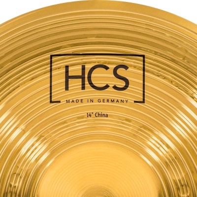 Prato de bateria dourado HCS com inscrição 'HCS MADE IN GERMANY 14