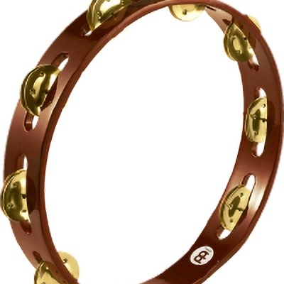 Pandeireta castanha com címbalos dourados.