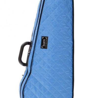 Estojo acolchoado azul para instrumento musical com alça preta e etiqueta 'bam france'