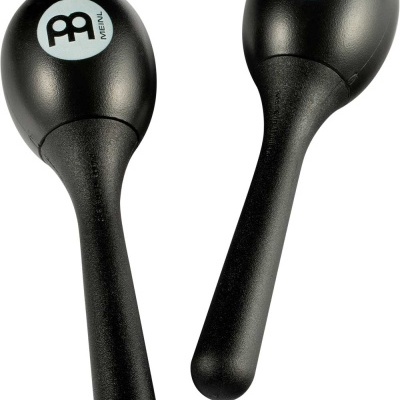 Par de maracas pretas com texto PREL MEINL em círculos brancos.