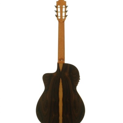 Guitarra clássica vista de costas com corpo em madeira escura e braço em madeira clara