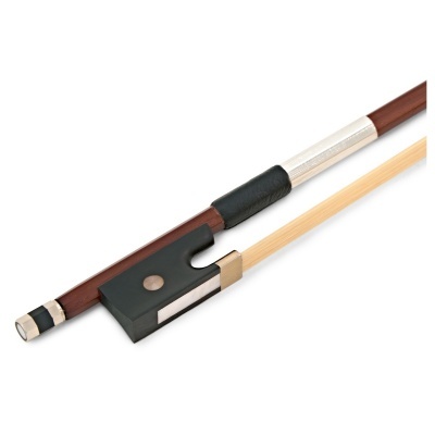 Arco de violino com madeira escura e clara e partes metálicas